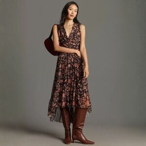 Anthropologie 4SI3NNA V-Neck Sleeveless Midi Dress NWT Size XS Black Floral